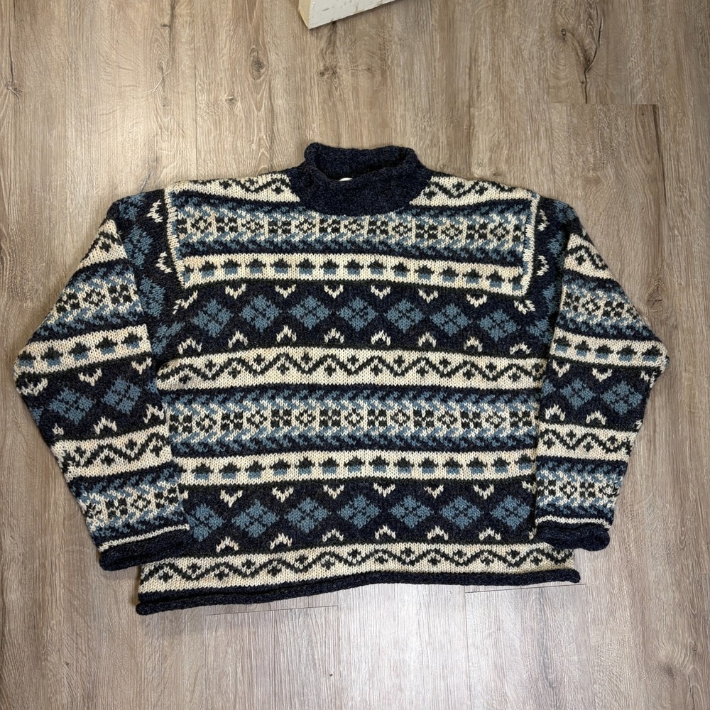 VTG Nordic Fair Isle Roll Neck Sweater Blue Navy Womens Large Vintage